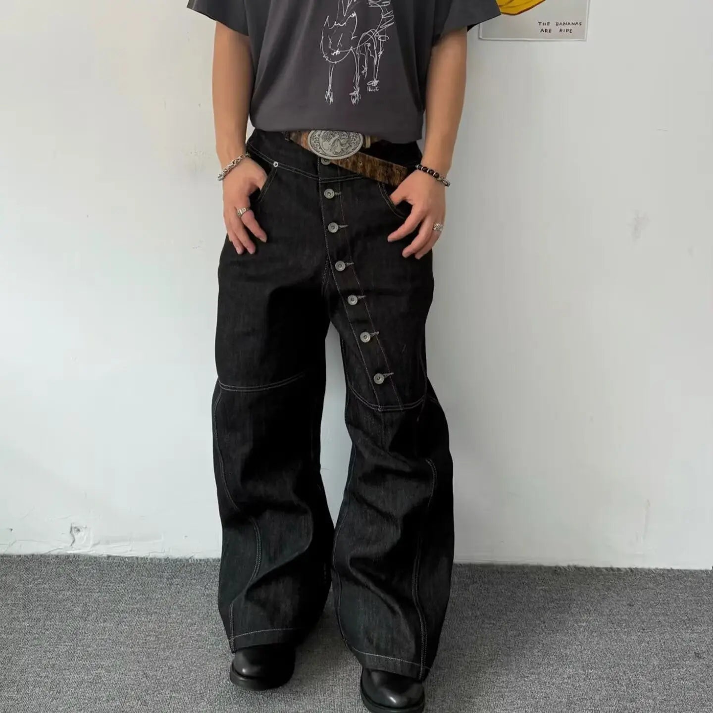 American Retro Long Row Button Design Jeans Men's High Street Loose Wide Leg Floor-Length Trousers Trendy Straight Leg Jeans