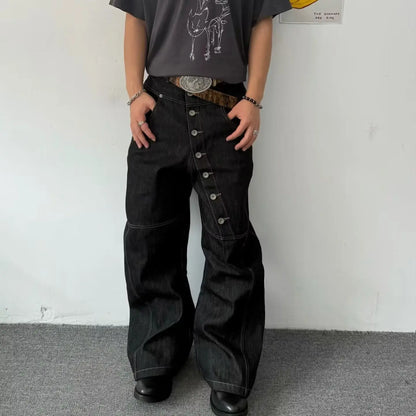 American Retro Long Row Button Design Jeans Men's High Street Loose Wide Leg Floor-Length Trousers Trendy Straight Leg Jeans