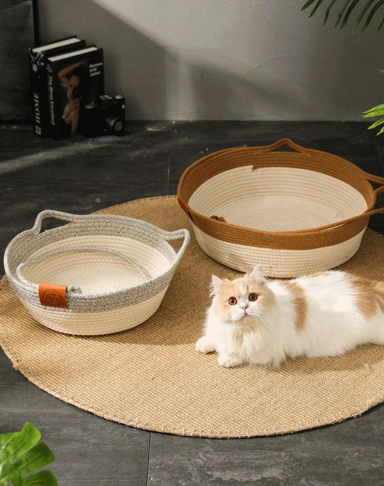Cat Bed Pet Nest Pure Manual Rattan Woven Cattailgrass Cat Scratch Board Removable Washable Winter Warm Pad All-Season