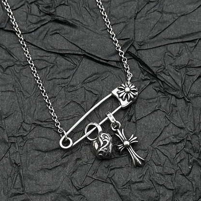 S925 Sterling Silver, Retro and Old Peach Heart Cross Pin Necklace, European and American Men's and Women's Personalities