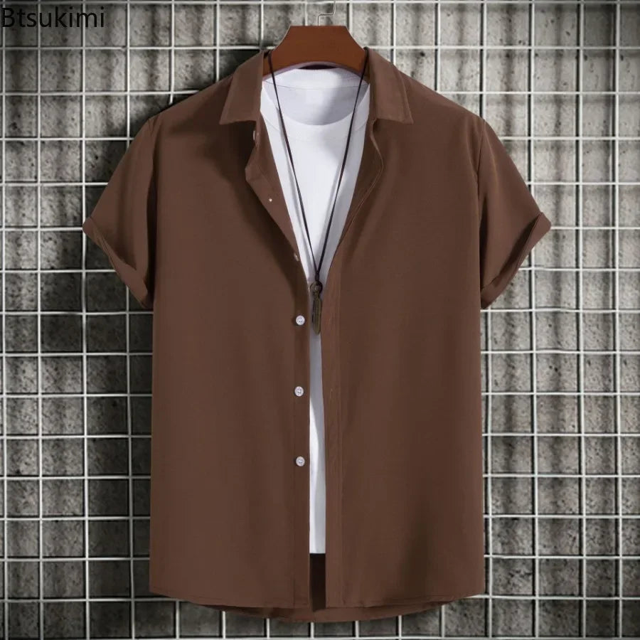 Nuevas camisas de manga corta para hombre, moda, lisas, informales, cárdigan con solapa, tops para hombre, blusa cómoda de un solo botón, camisas de playa de verano