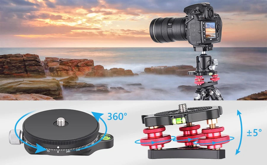 Base niveladora para trípode VICELK con base panorámica de 360° para fotografía macro panorámica con ajuste de precisión de +/-5 grados