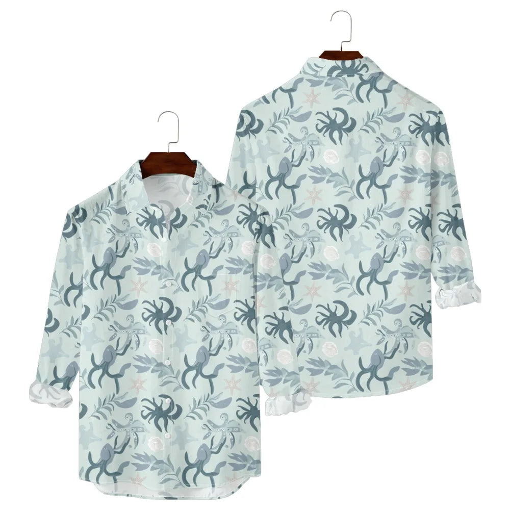 Hawaiian Men Shirts Fish Swarm Fishbone Print Full Sleeve Casual Button Up Beach Parties Travel Poolside Ocean Punk Fusion Shirt