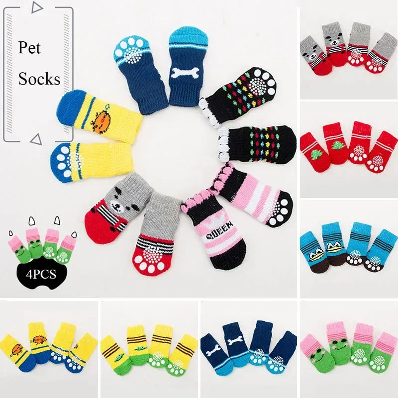 4pcs/set Dog Socks Cute Pattern Foot Covers Warm Anti Slip Shoes Puppy Paw Protector Christmas Gift Pet Accessories