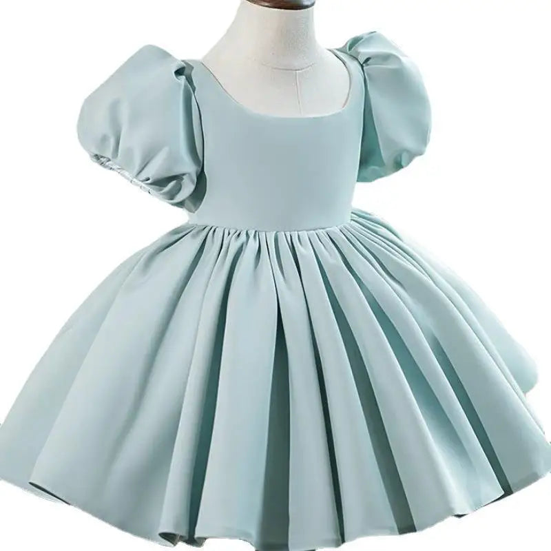 New Bubble Sleeves Solid Color Girl's Birthday Party Dress Children's Host Princess Dress Flower Children's Wedding Puffy Dress