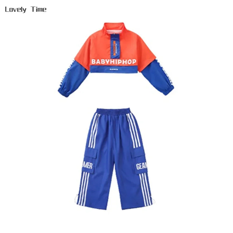 Boys Hip Hop Contrast Jacket Cargo Pants Girls Sweatshirt Pullovers Street Dance Clothes Sets Kids Tracksuit Children Streetwear