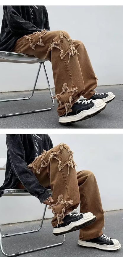 2025 New Fashion Stars Towel Embroidery Brown Men Jeans Pants Y2K Clothes Straight Hip Hop Cotton Trousers Pantalon Homme