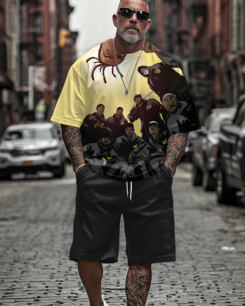 Men's Plus Size Summer Casual Outfit - All Over Print Hip-Hop Legends Short Sleeve T-Shirt and Shorts Two-Piece Set