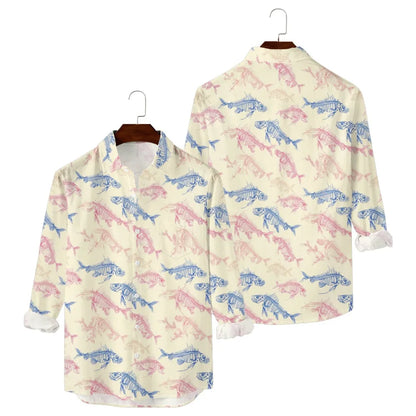 Hawaiian Men Shirts Fish Swarm Fishbone Print Full Sleeve Casual Button Up Beach Parties Travel Poolside Ocean Punk Fusion Shirt