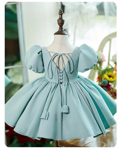 New Bubble Sleeves Solid Color Girl's Birthday Party Dress Children's Host Princess Dress Flower Children's Wedding Puffy Dress