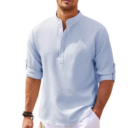 Spring Summer Men's Cotton Linen Polo Shirts Casual Long Sleeve Lightweight Henley Neck Solid Color Tops  Beach Shirts Fashion
