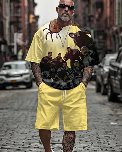 Men's Plus Size Summer Casual Outfit - All Over Print Hip-Hop Legends Short Sleeve T-Shirt and Shorts Two-Piece Set