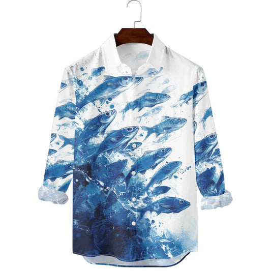 Hawaiian Men Shirts Fish Swarm Fishbone Print Full Sleeve Casual Button Up Beach Parties Travel Poolside Ocean Punk Fusion Shirt