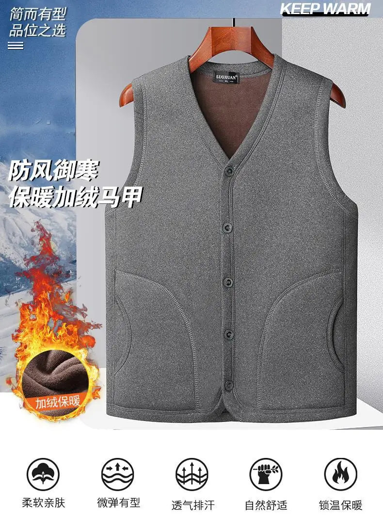 2026 Men's Autumn Winter Fashion V-neck Thickened Plus Velves Warm Vest Man Sleeveless Jackets Solid Slim Casual Waistcoat Male