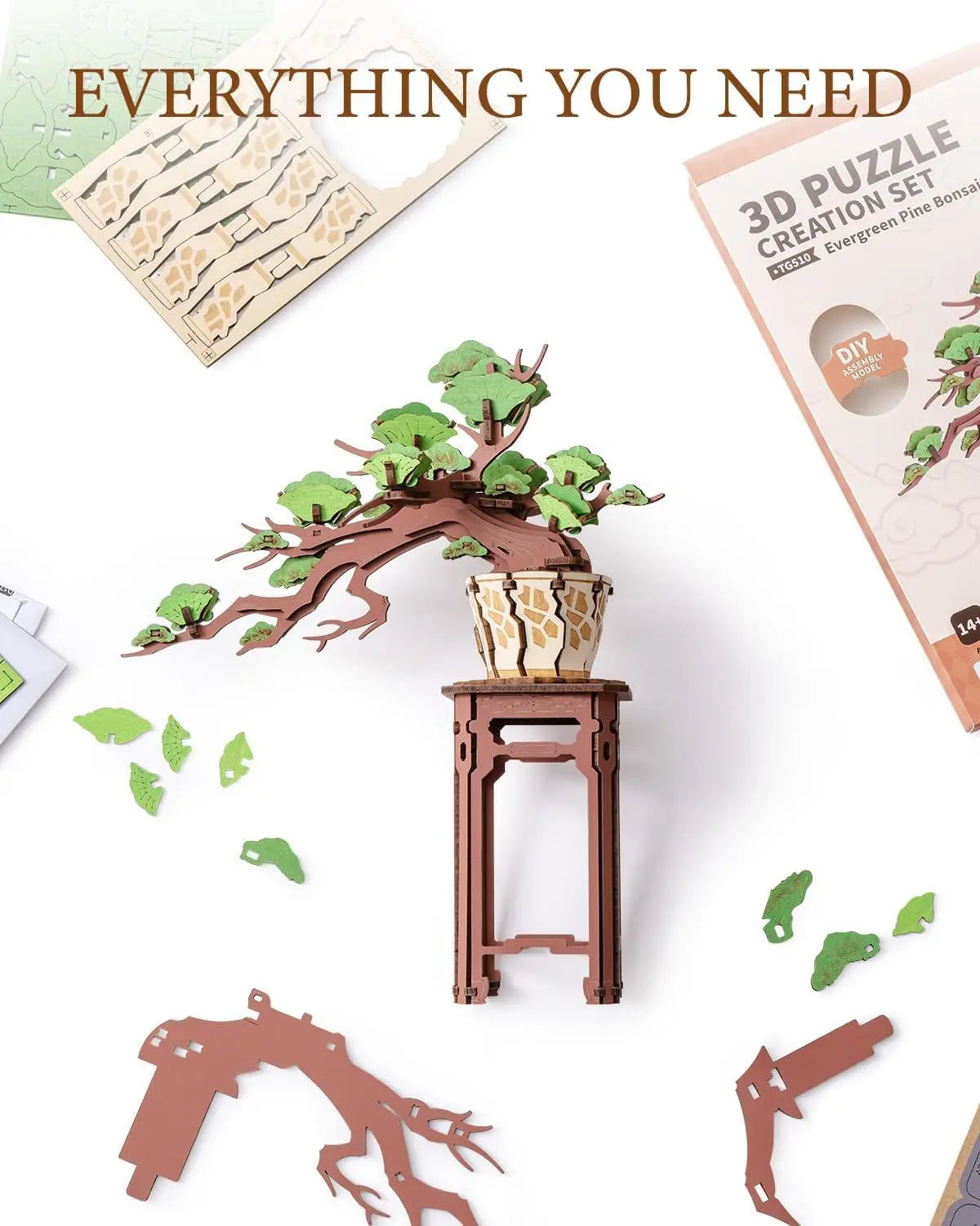 Robotime Rolife 3D Wooden Sakura Bonsai Puzzle Easy Assembly Evergreen Pine Bonsai Kit Christmas Gift for Family Home Decoration