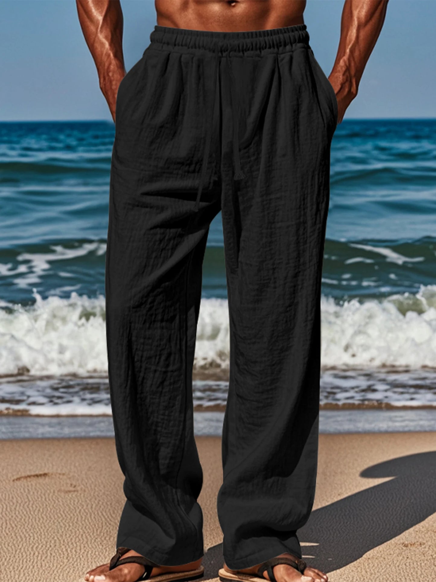 Men s Lightweight Linen Blend Pants with Elastic Waistband and Relaxed Fit for Summer Beach Vacation Casual Wear