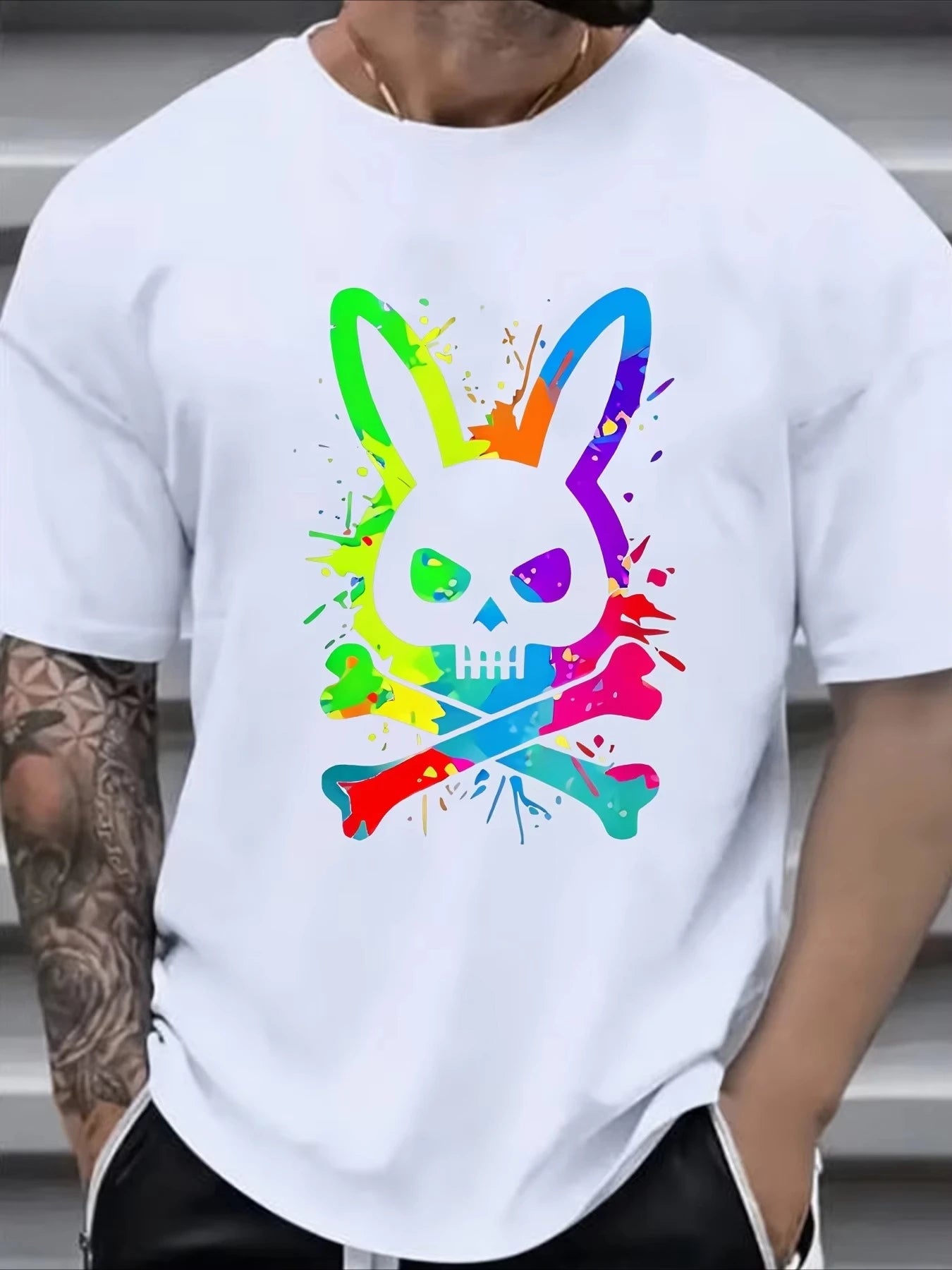 Camiseta de hombre de verano de algodón puro, a la moda, casual, holgada, con estampado de calavera y conejo, cuello redondo, manga corta, para deporte