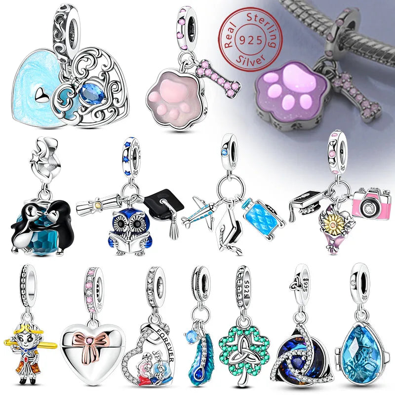 New 925 Sterling Silver Charms Bead Penguin Owl Bow Heart Charm Fit Original Pendant Bracelet Jewelry Making For Women Gift