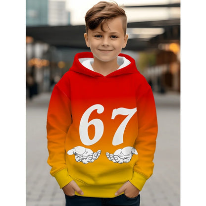 Children's Clothing Boys' Funny Number "67" Creative Print Hooded Sweatshirt Boys' Casual Sports Long Sleeve Hoodie Jacket Tops