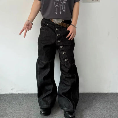 American Retro Long Row Button Design Jeans Men's High Street Loose Wide Leg Floor-Length Trousers Trendy Straight Leg Jeans