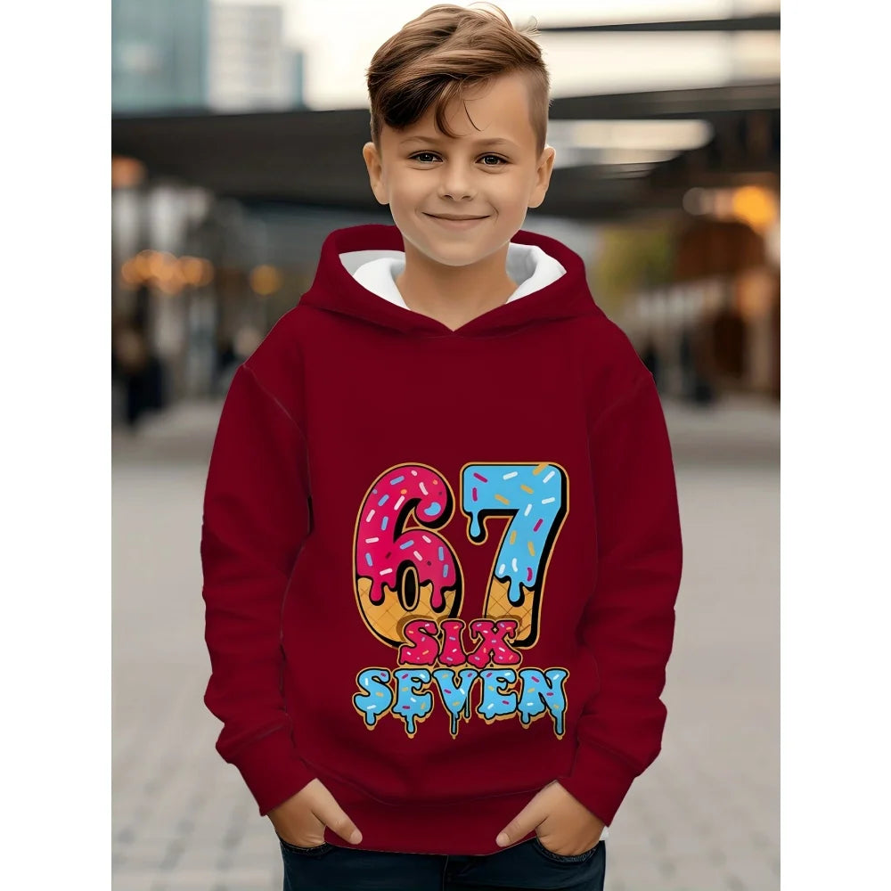 Children's Clothing Boys' Funny Number "67" Creative Print Hooded Sweatshirt Boys' Casual Sports Long Sleeve Hoodie Jacket Tops