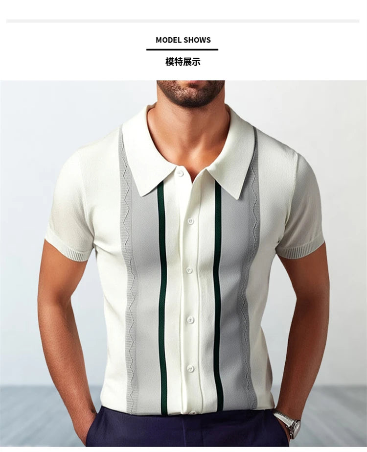 European Style Jacquard Polo Shirts Man Knitwear Business Casual Summer Coolness Quality Viscose Elastic Silky Camisas De Hombre