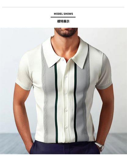 European Style Jacquard Polo Shirts Man Knitwear Business Casual Summer Coolness Quality Viscose Elastic Silky Camisas De Hombre