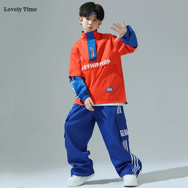 Boys Hip Hop Contrast Jacket Cargo Pants Girls Sweatshirt Pullovers Street Dance Clothes Sets Kids Tracksuit Children Streetwear