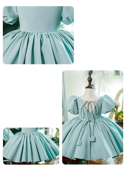 New Bubble Sleeves Solid Color Girl's Birthday Party Dress Children's Host Princess Dress Flower Children's Wedding Puffy Dress