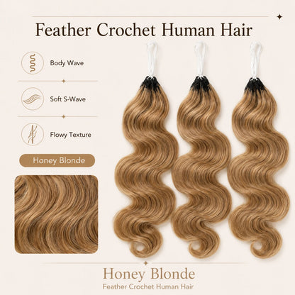 Honey Blonde Highlight Body Wave Crochet Human Hair Pre-Separated Invisble Miracle Knot Braids Feather Crochet Hair Extensions