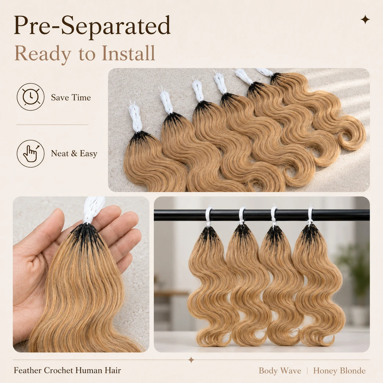 Honey Blonde Highlight Body Wave Crochet Human Hair Pre-Separated Invisble Miracle Knot Braids Feather Crochet Hair Extensions