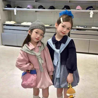 2025 Korea Girls Baby Summer Spring Autumn Dress Plaid Patchwork Casual Dresses Fashion Kids Children Clothes Vestidos