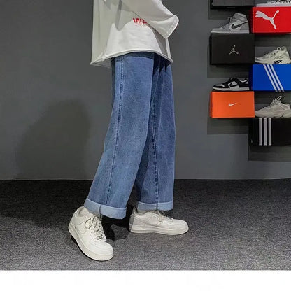 Nuevos pantalones vaqueros coreanos holgados para hombre, de calle, rectos, de mezclilla, de pierna ancha, Hip Hop, holgados, azul claro, gris, negro