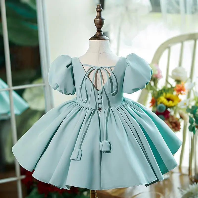 New Bubble Sleeves Solid Color Girl's Birthday Party Dress Children's Host Princess Dress Flower Children's Wedding Puffy Dress