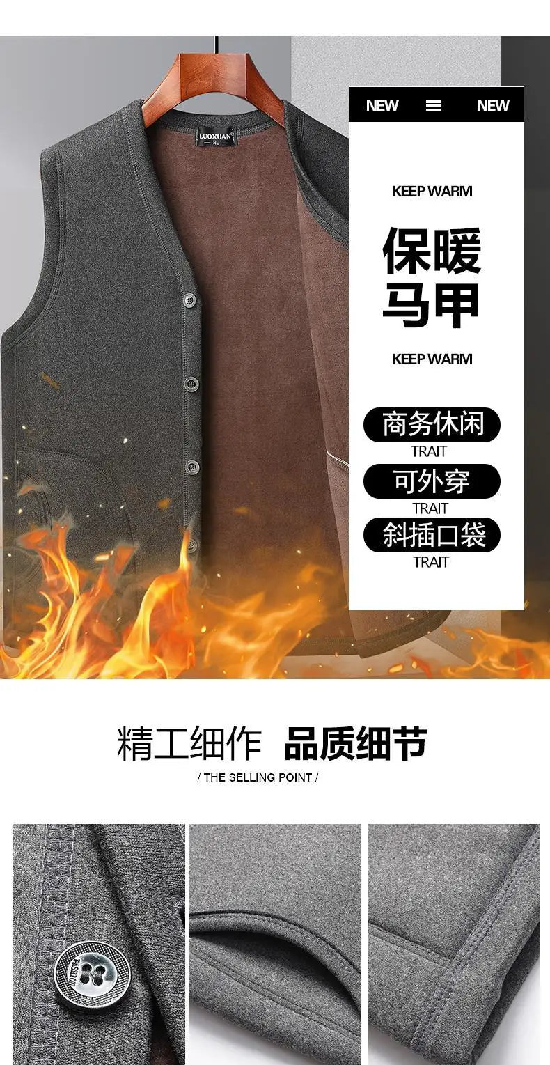 2026 Men's Autumn Winter Fashion V-neck Thickened Plus Velves Warm Vest Man Sleeveless Jackets Solid Slim Casual Waistcoat Male
