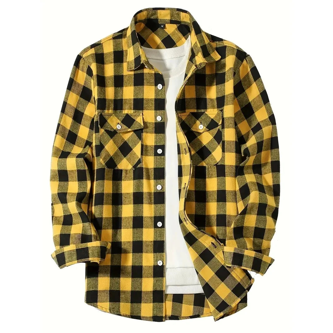 Camisas de hombre con un solo botón, clásicas a cuadros, informal elegante, camisa de franela de manga larga, dos bolsillos en el pecho, diseño de primavera otoño, tops para hombre