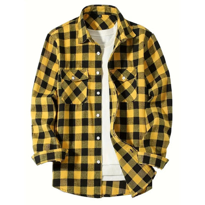 Camisas de hombre con un solo botón, clásicas a cuadros, informal elegante, camisa de franela de manga larga, dos bolsillos en el pecho, diseño de primavera otoño, tops para hombre