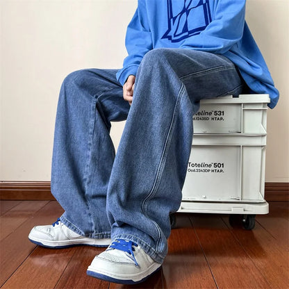 Nuevos pantalones vaqueros coreanos holgados para hombre, de calle, rectos, de mezclilla, de pierna ancha, Hip Hop, holgados, azul claro, gris, negro