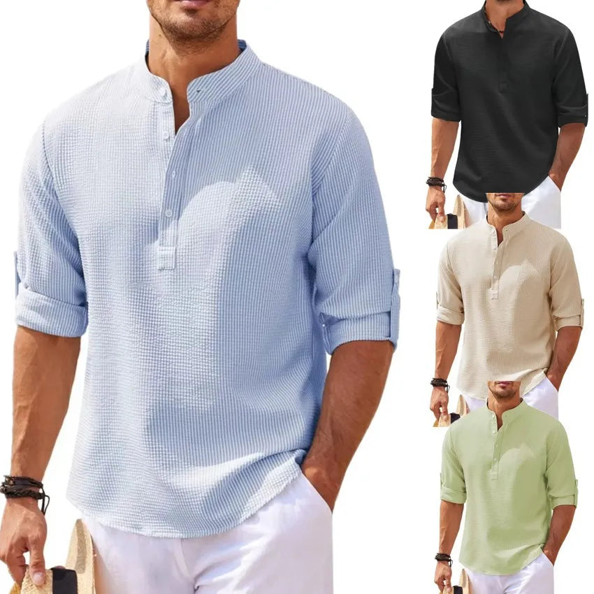 Spring Summer Men's Cotton Linen Polo Shirts Casual Long Sleeve Lightweight Henley Neck Solid Color Tops  Beach Shirts Fashion