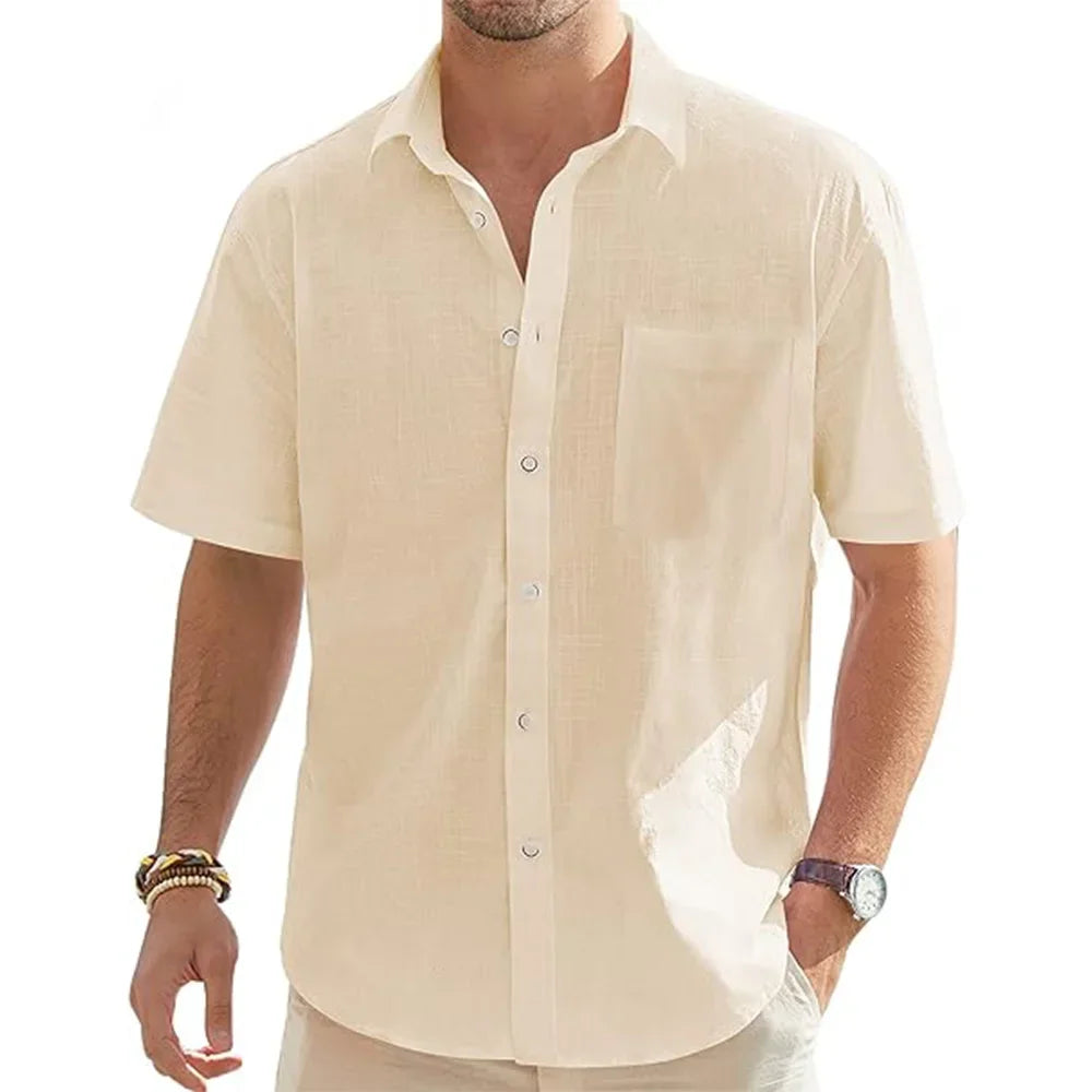 New Men's Shirts Cotton Linen Short-sleeved Single-breasted Shirts Men's Holiday Beach Shirts Streetwear Solid Colour Tops