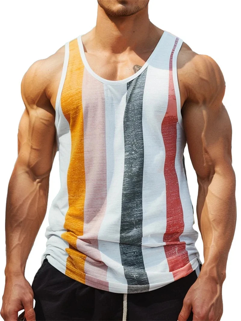 Mens Retro Stripe Graphic Tank Tops Fashion Summer Sleeveless Casual 3D Printed Vest Loose Quick Dry Breathable Tees Pullovers