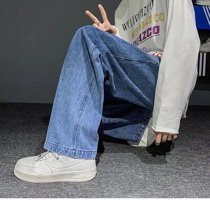 Nuevos pantalones vaqueros coreanos holgados para hombre, de calle, rectos, de mezclilla, de pierna ancha, Hip Hop, holgados, azul claro, gris, negro