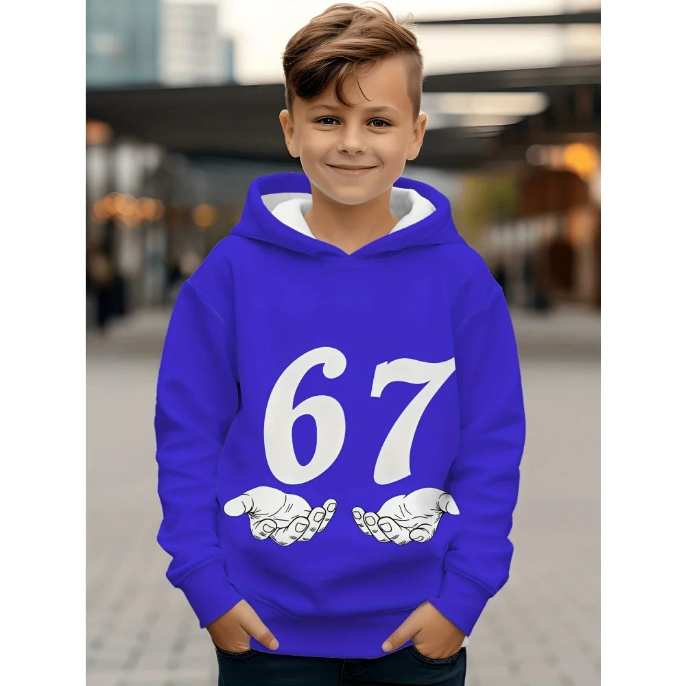 Children's Clothing Boys' Funny Number "67" Creative Print Hooded Sweatshirt Boys' Casual Sports Long Sleeve Hoodie Jacket Tops