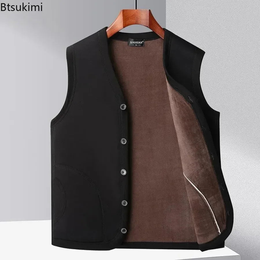 2026 Men's Autumn Winter Fashion V-neck Thickened Plus Velves Warm Vest Man Sleeveless Jackets Solid Slim Casual Waistcoat Male