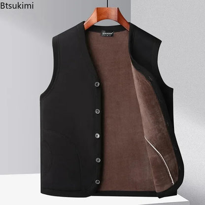2026 Men's Autumn Winter Fashion V-neck Thickened Plus Velves Warm Vest Man Sleeveless Jackets Solid Slim Casual Waistcoat Male