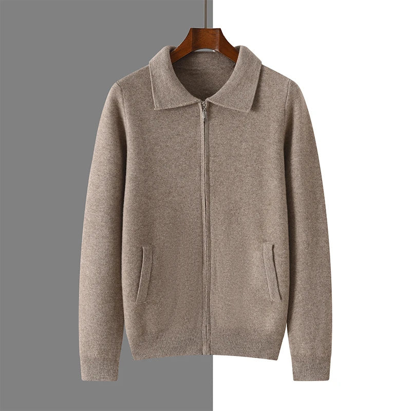 Men's 100% Merino Wool Thickened Sweater Polo Collar Business Zippered Cardigan Autumn Winter New Cashmere Jacket Knitted Top