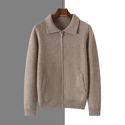 Men's 100% Merino Wool Thickened Sweater Polo Collar Business Zippered Cardigan Autumn Winter New Cashmere Jacket Knitted Top