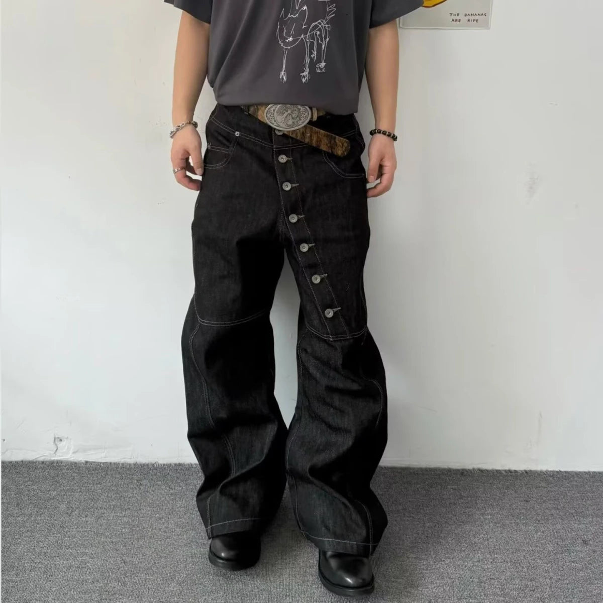American Retro Long Row Button Design Jeans Men's High Street Loose Wide Leg Floor-Length Trousers Trendy Straight Leg Jeans