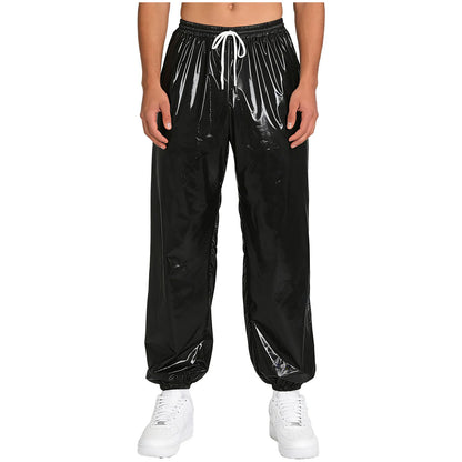 Pantalones Holgados Brillantes para Hombre Y2K con Cordón en la Cintura, Elástico en la Cintura, Bolsillos Laterales, Pantalones de Chándal Holgados y Brillantes, Disfraces de Hip Hop