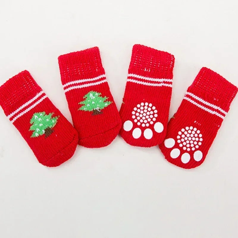 4pcs/set Dog Socks Cute Pattern Foot Covers Warm Anti Slip Shoes Puppy Paw Protector Christmas Gift Pet Accessories